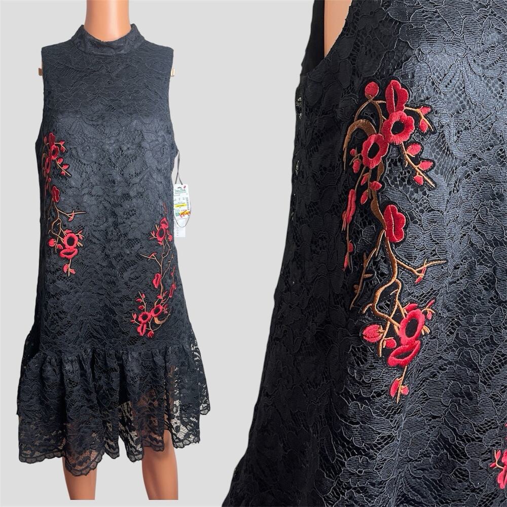 Nicole Miller Black/Red Floral Embroidery Dress High Neck Lace Fairy Festival 12